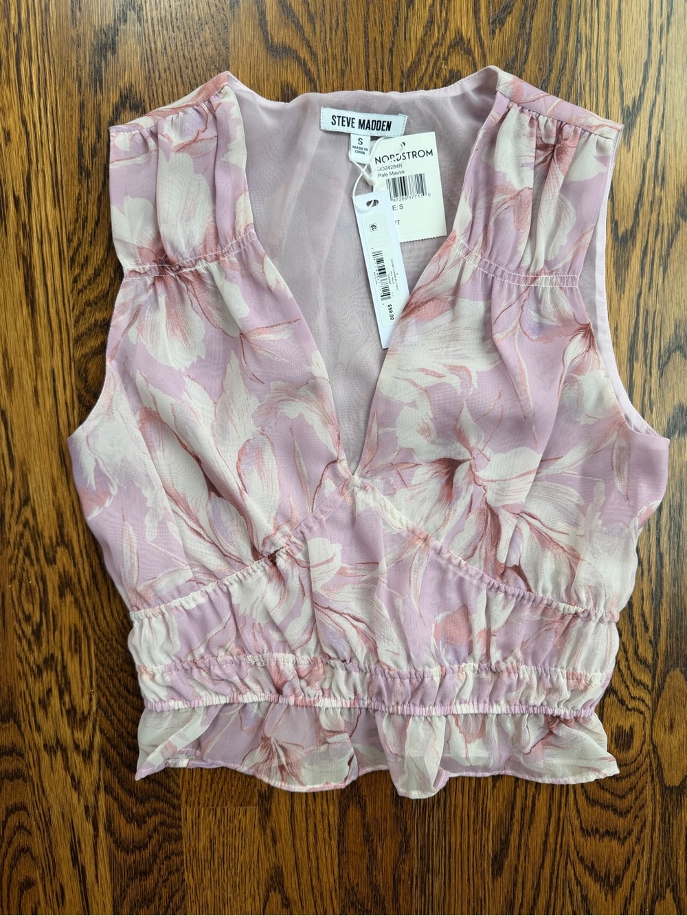 Steve Madden Pink Feminine Floral V-Neck Ruched Crop Camisole